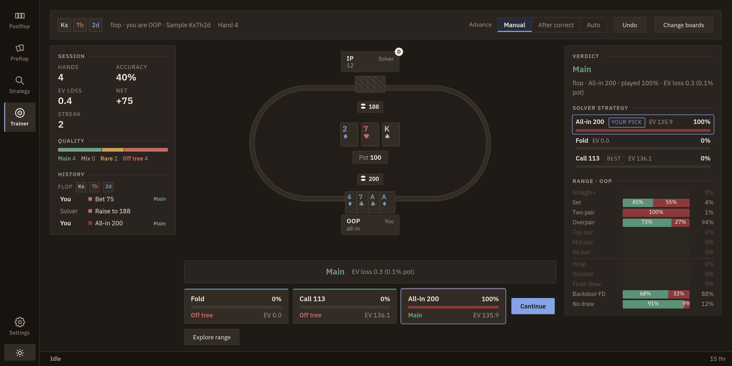 BERRISolver, the trainer grading a decision against the solver's strategy